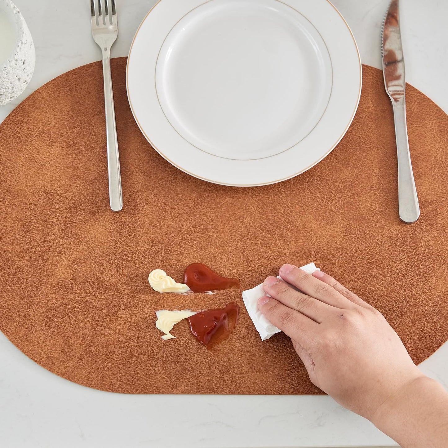 YLUSUJAKX Faux Leather Placemats Set of 8, Heat Resistant Oval Placemats 12" x 18", Waterproof Non-Slip Dining Table Mats for Kitchen Farmhouse Modern Home Decor