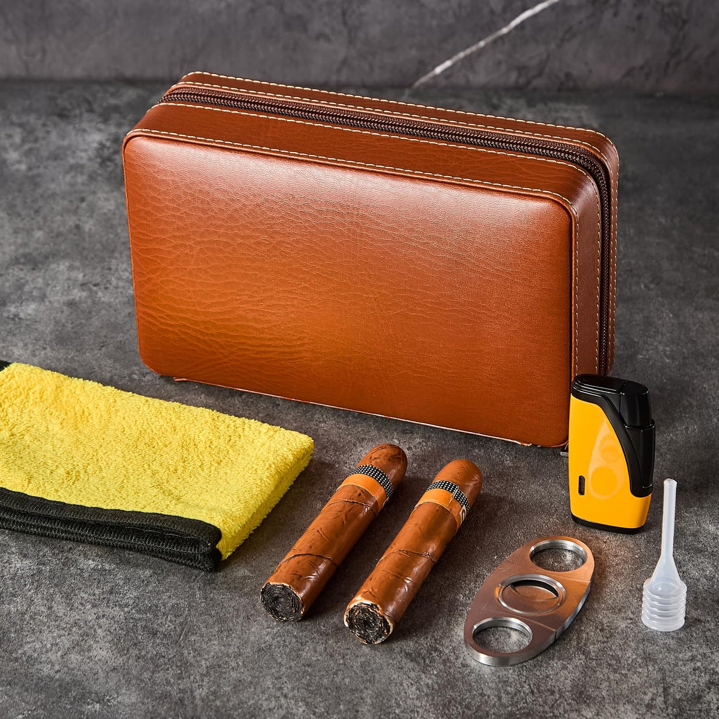WANTHER Leather Cigar Case, Travel Humidor Holds 6 Cigars, Brown Cedar Wood Box with Cigar Cutter, Humidifier, Lighter & Towel, Portable Cigar Holder for Men, Office & Travel Gift Set, Ideal for Home