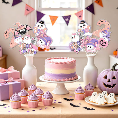 Fangleland 24PCS Halloween 2nd Birthday Centerpiece Sticks, Pink Purple Boo I'm Two Table Toppers Cute Ghost Pumpkin Photo Booth Props, Two Spooky 2 Year Old Party Supplies for Girls