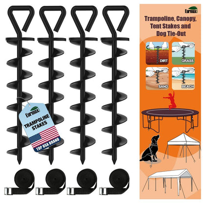Eurmax USA 4 Pack Heavy Duty Ground Stakes,Industrial Grade Spiral Steel Screw-in Trampoline Anchors with 4 Reinforced Straps,High Wind Stabilizing Kit for Dog Tie-Out,Canopies,Sheds,Swing Sets,Black
