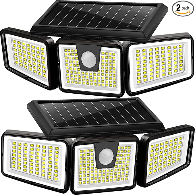 AmeriTop Solar Lights Outdoor, 2 Pack 233 LED High Brightness Cordless Solar Motion Sensor Lights; 3 Adjustable Heads, 270° Wide Angle Illumination, IP65 Waterproof, Security LED Flood Light(Daylight)
