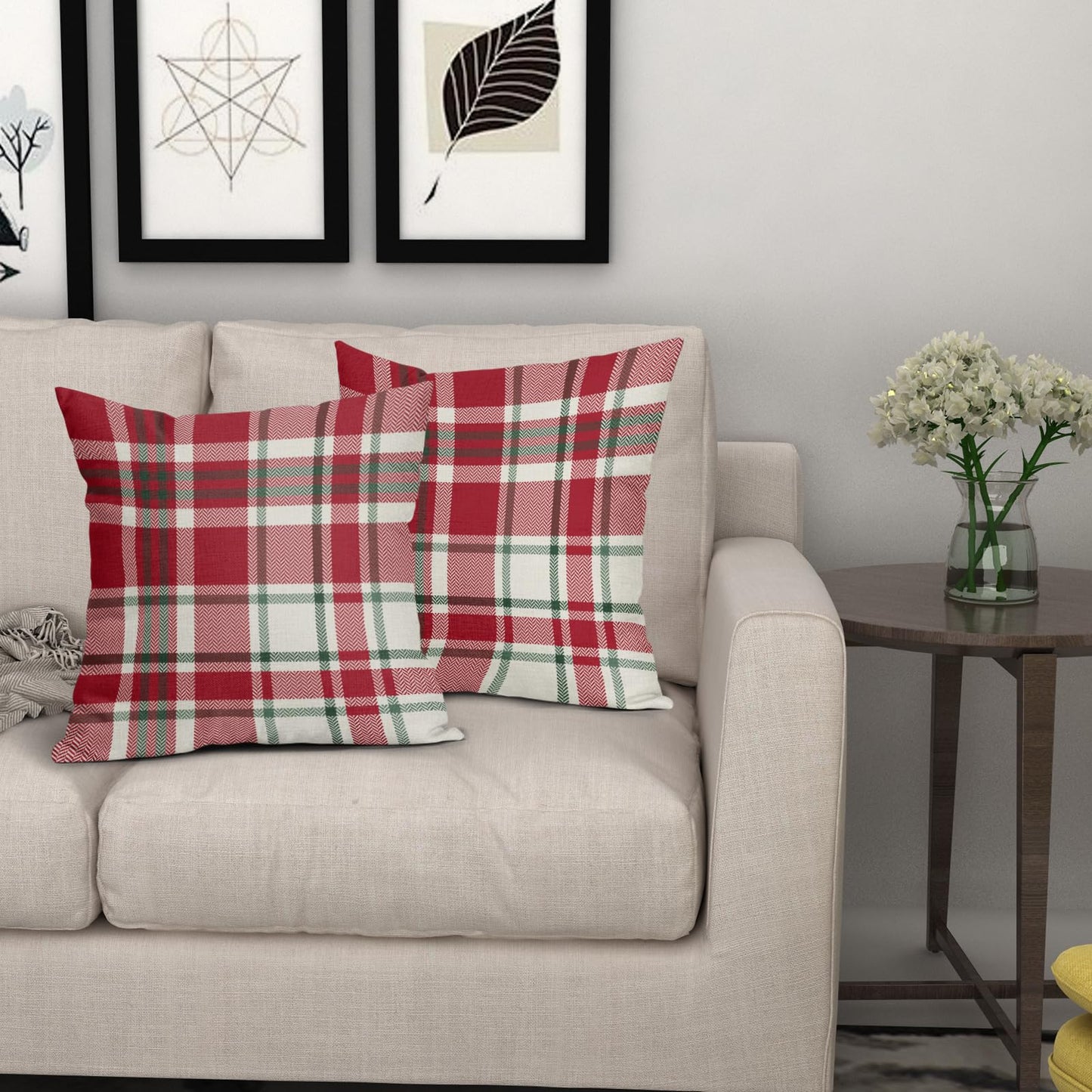Christmas Plaid Pillow Covers 18x18 Set of 2 Red Green Cream Buffalo Checkered Decorative Tartan Pillowcases Xmas Winter Holiday Outdoor Rustic Farmhouse Throw Cushion Case Decor for Couch Sofa Bed