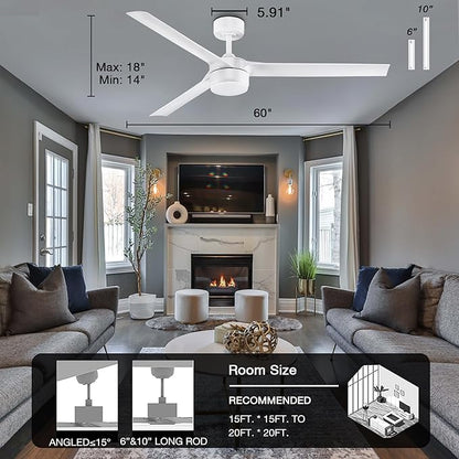cumilo 60 Inch Smart Ceiling Fans with Light and Remote Control,6 Speeds,Quiet DC Motor,3 Color Dimmable,Outdoor Indoor Modern Ceiling Fans for Large Bedroom Patio Porch