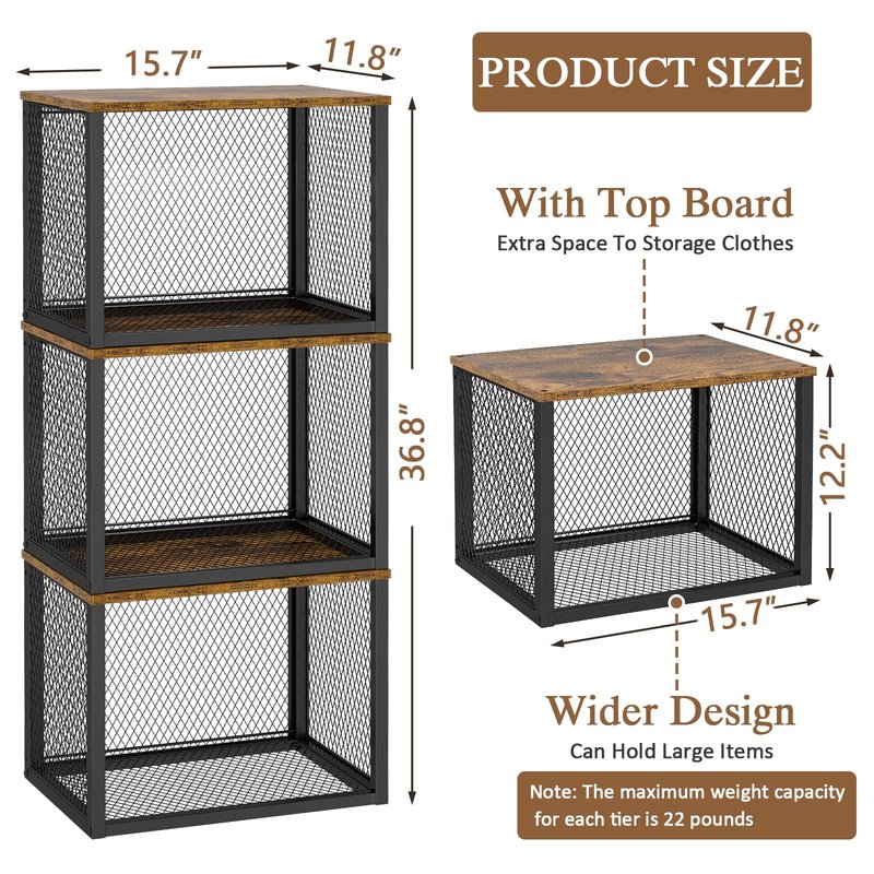 3 Pack Stackable Closet Organizers and Storage Basket, Closet Shelves with Wood Top Extra Storage, Multifunctional Clothes Organizer Bins/Cube Storage Drawer for Wardrobe Kitchen Laundry Room, Black