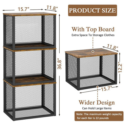 3 Pack Stackable Closet Organizers and Storage Basket, Closet Shelves with Wood Top Extra Storage, Multifunctional Clothes Organizer Bins/Cube Storage Drawer for Wardrobe Kitchen Laundry Room, Black