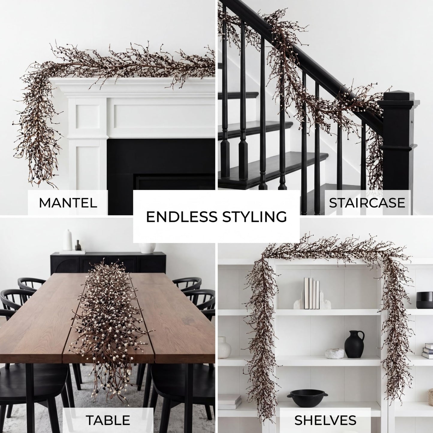 Quixem 60 Inch (5FT) Rustic Black and Cream Pip Berry Garland for Fireplace Mantel & Table Runner, Flexible Wired Artificial Vine, Everyday Modern Farmhouse Decor, Precise Size