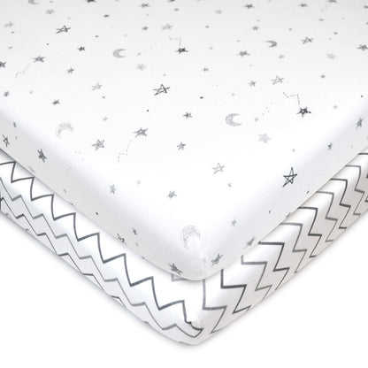 TL Care 2 Pack 100% Natural Cotton Fitted Pack and Play Sheets 39" x 27" - Soft & Breathable Pack N Play Sheets for Playard & Mini Crib Mattress, Gray Star/Gray Zigzag, for Boys & Girls