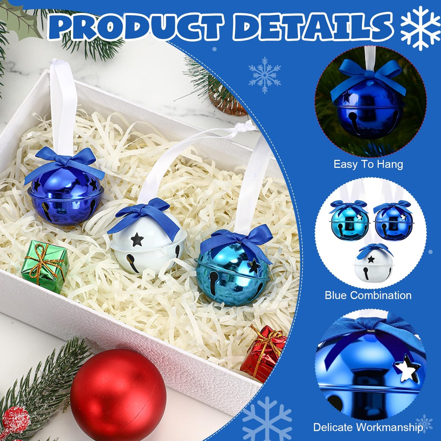 Jenaai 12 Sets Blue Christmas Jingle Bells with Ribbon 2 Inch Large Metal Cutout Craft Bells Blue Hanging Ornaments for Christmas Tree Xmas Decoration Crafts Party Favors Stocking Stuffers