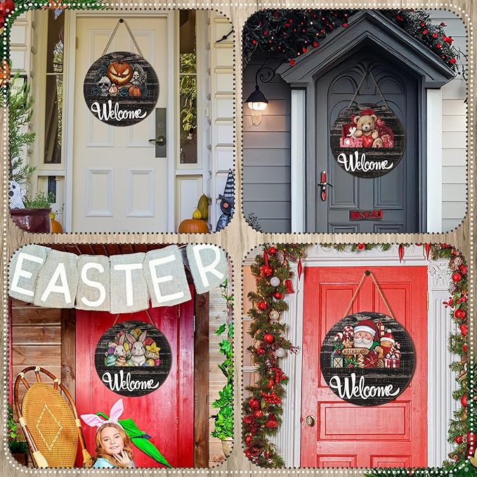 Yousoontic 17 Pcs 12 Inch Magnetic Welcome Door Sign Interchangeable Front Door Decor Rustic Fall Seasonal Hanging Sign Halloween Christmas Decor for Home Warming Gift(Stylish Color,Modern Welcome)