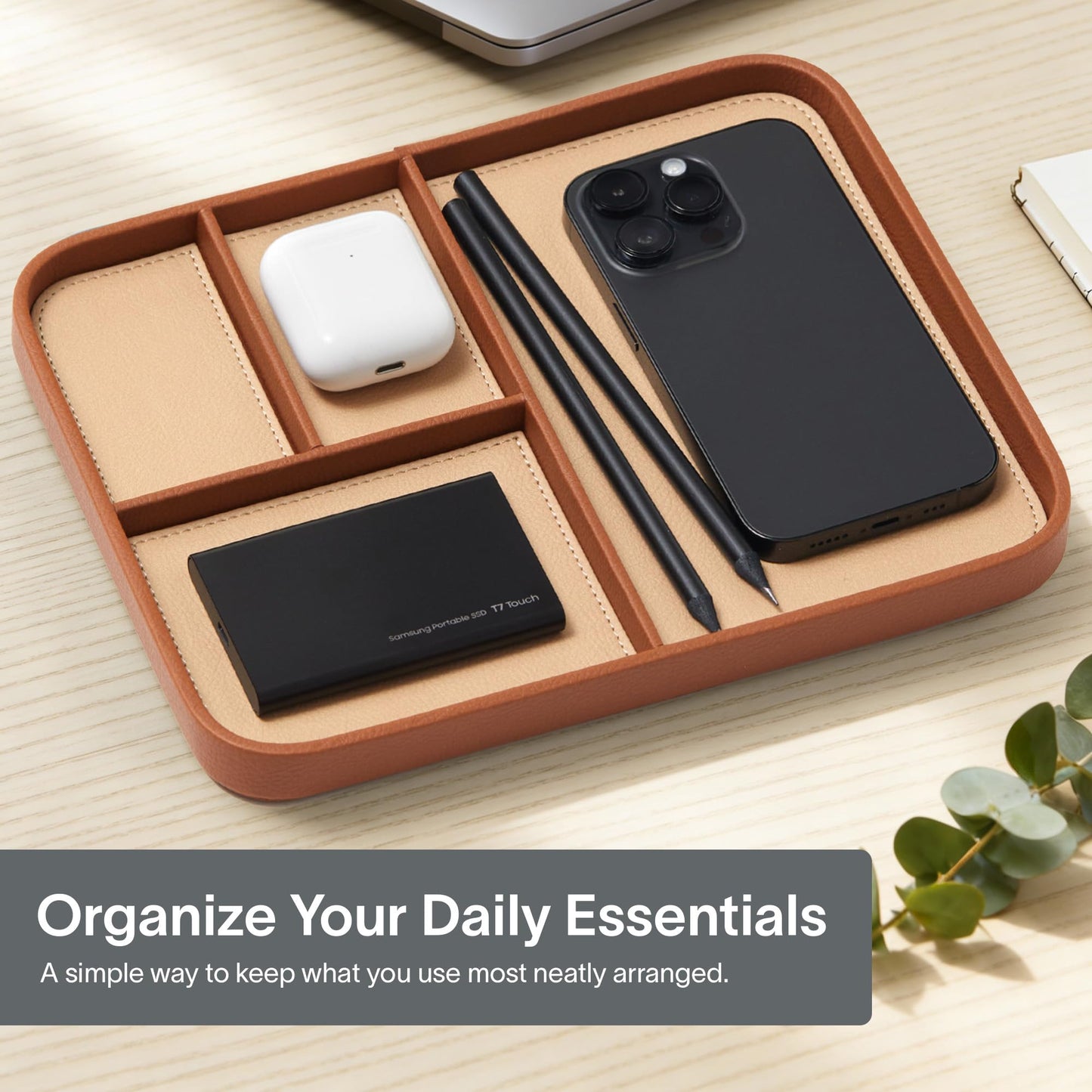 Nordik Leather Valet Tray - Sand Brown - 9.5 x 7.9 Inch Medium Vegan Leather Tray - Stylish Nightstand Organizer for Men - Modern Bedside Caddy - EDC Catchall for Key Watch Wallet Jewellery