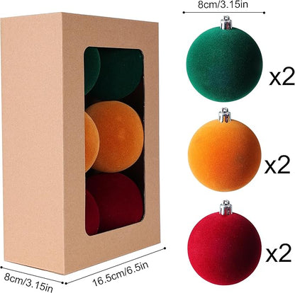 Amooca 3.15in Large Christmas Balls Ornaments Flocking Xmas Tree Hanging Decoration New Year Holiday Party Baubles 6pc Set Red Orange Green