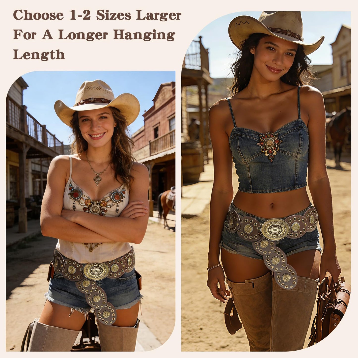 GDfrhao Leather Western Boho Belts for Woman, 39.37inch Concho Vintage Belt for womens Dress Jeans, Country Brown