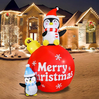 Vigdur Christmas Penguin Inflatable, 6FT Xmas Blow Up Holiday Ball Decoration with LED Lights, Outdoor Christmas Penguin Decoration for Yard Garden Lawn Winter Holiday Supplies Décor