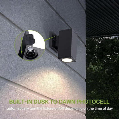 ASD 1 Light Square Dusk to Dawn Outdoor Wall Light Fixture | 60W E26 Socket 120V ETL Cylinder Up Down Lights | LED/CFL/Incandescent Bulb Exterior Wall Sconce | Front Door, Porch, Patio | Black, 2 Pack