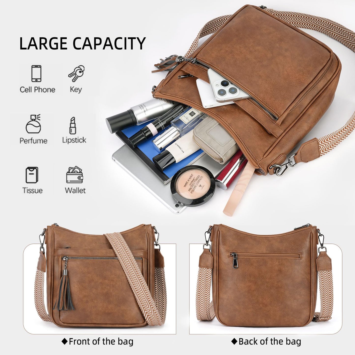 MEITRUE Crossbody Bags for Women Trendy,Vegan Leather Medium Hobo Purse with Tassel Lightweight Shoulder Handbags Multi Pockets Travel Purses Adjustable Strap Brown