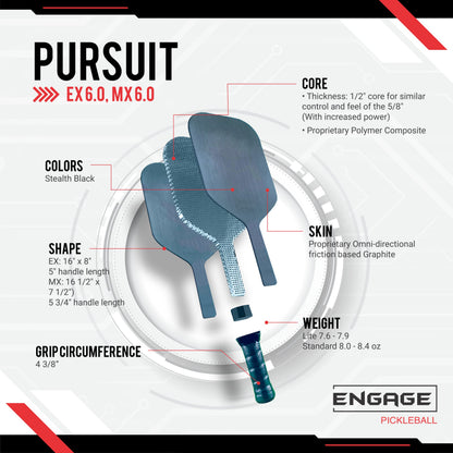 Engage Pickleball Pursuit EX 6.0 Pickleball Paddle - Graphite Pickleball Paddle with Black Core - USAPA Approved Pickleball Paddles - Pickleball Rackets for Adults - Made in USA - Standard (Black)