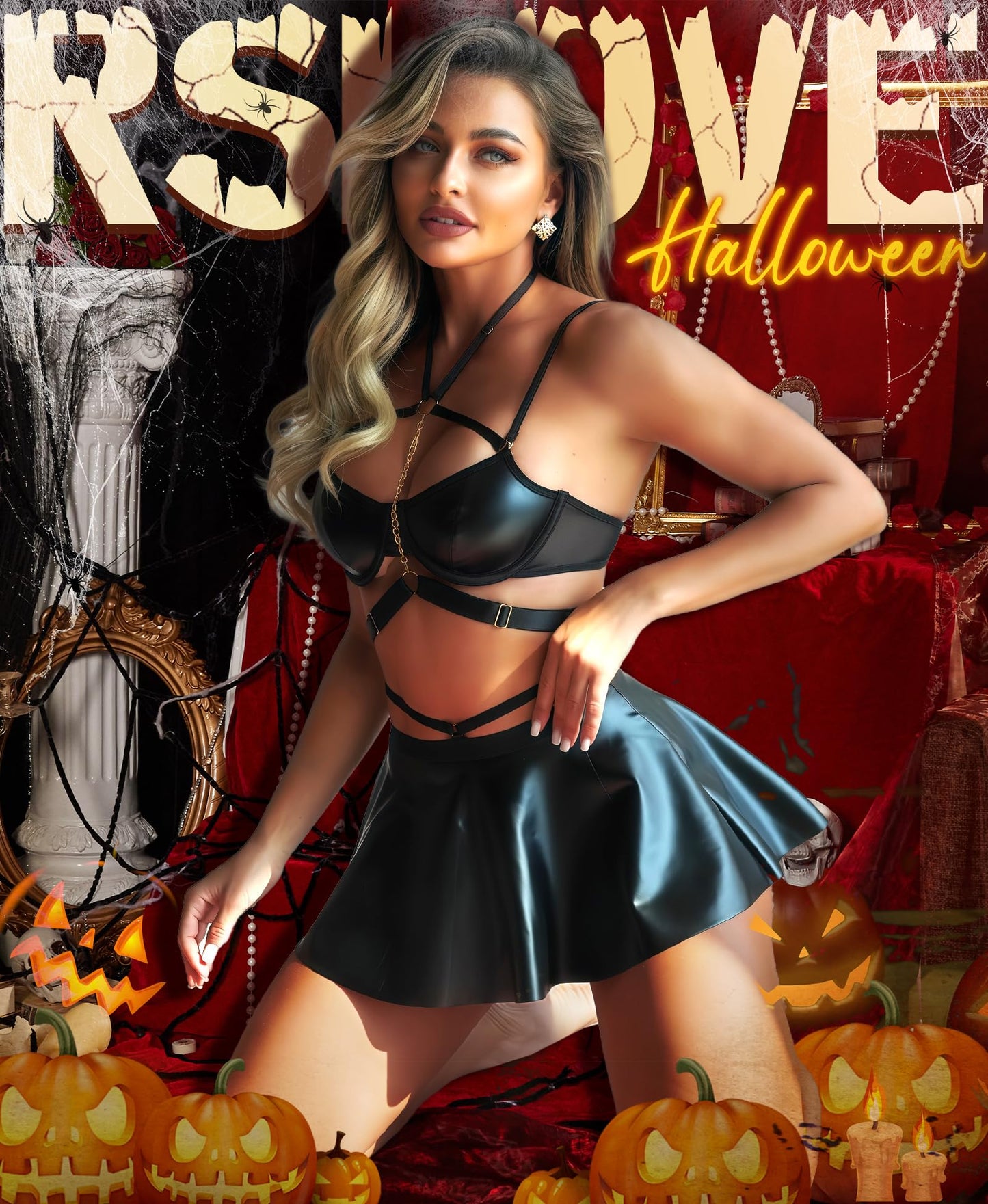 RSLOVE Faux Leather Lingerie for Women - Sexy Strappy Lingerie Set with Push Up Bra Choker Mini Skirt and Thong Clubwear Outfit for Festival Black L