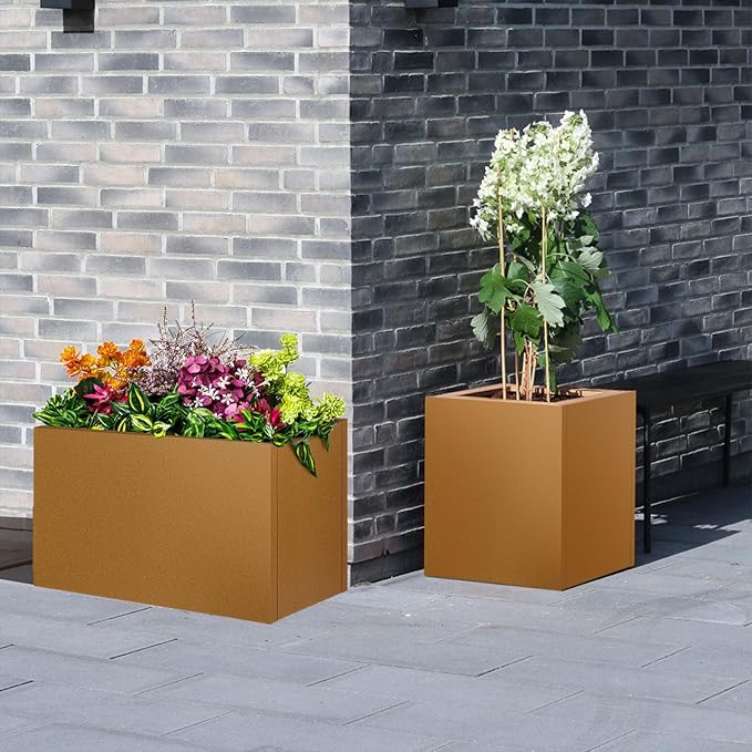 Corten Steel Planter Box 17"x16"x16", Metal Planter Spliced Flower Pot with Partitions, Outdoor & Indoor Large Rectangular Planter Box for Porch, Patio, Garden, Commercial Décor