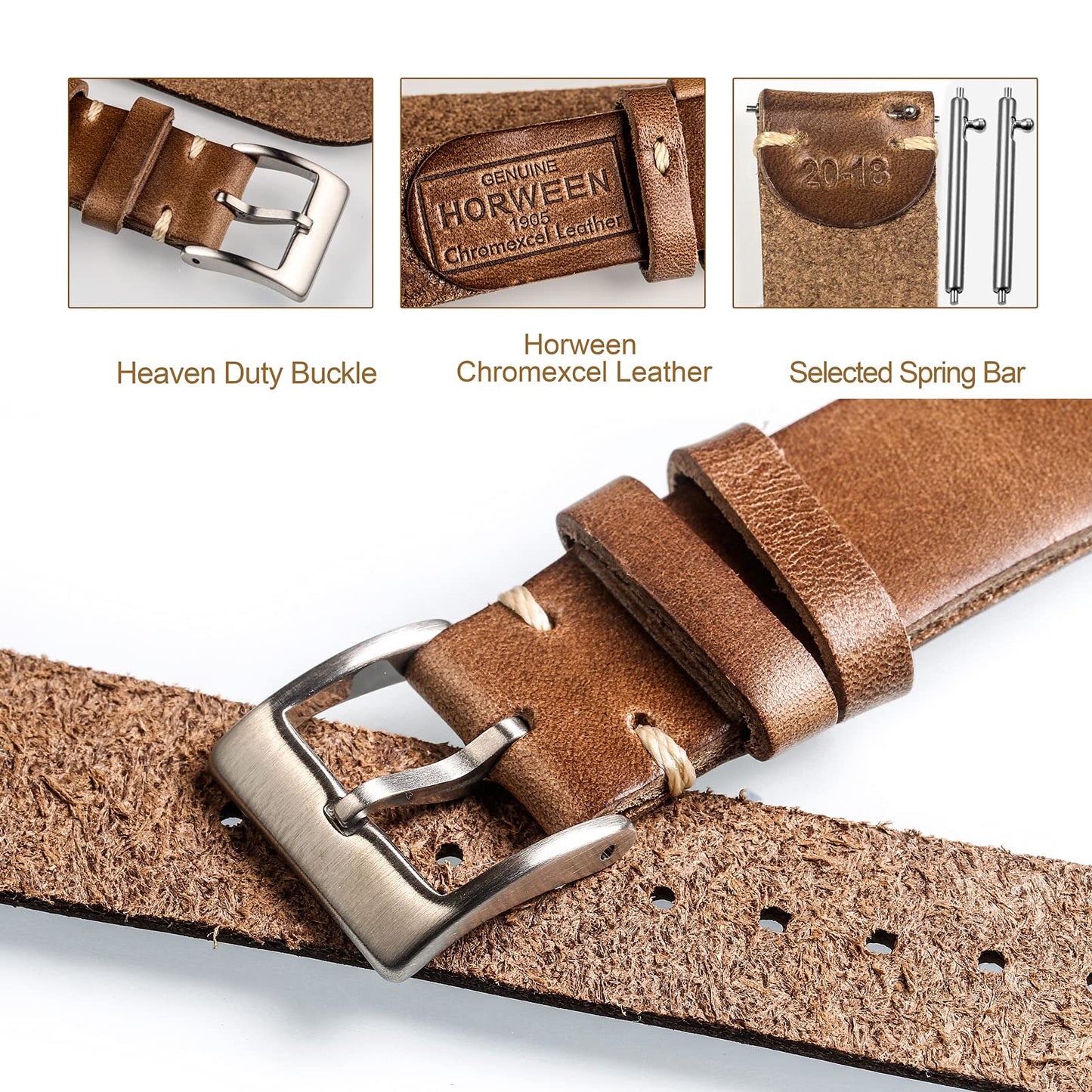 Horween Leather Watch Bands for Men, 18mm Watch Strap Quick Release Vintage Watch Wrap with Heavy Duty Dust Buckle
