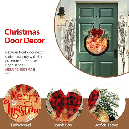 HOMCDALY Merry Christmas Welcome Sign for Front Door, Winter Merry Christmas Wreath with Light, Farmhouse Door Decoration Wooden Hanging Sign, Christmas Decoration (F-Xmas-Black)