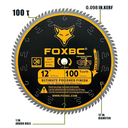 FOXBC 12 Inch Miter Saw Blade 100 Teeth Ultimate Polished Finish Saw Blade for Wood with 1 Inch Arbor