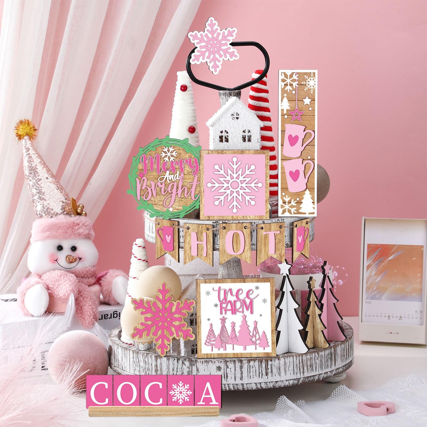 GlikCeil 19 Pcs Pink Christmas Tiered Tray Decor Winter Hot Cocoa Wooden Sign Snowflakes Coffee Table Decoration Rustic Farmhouse Winter Signs for Home Decor Tabletop Shelf Centerpieces