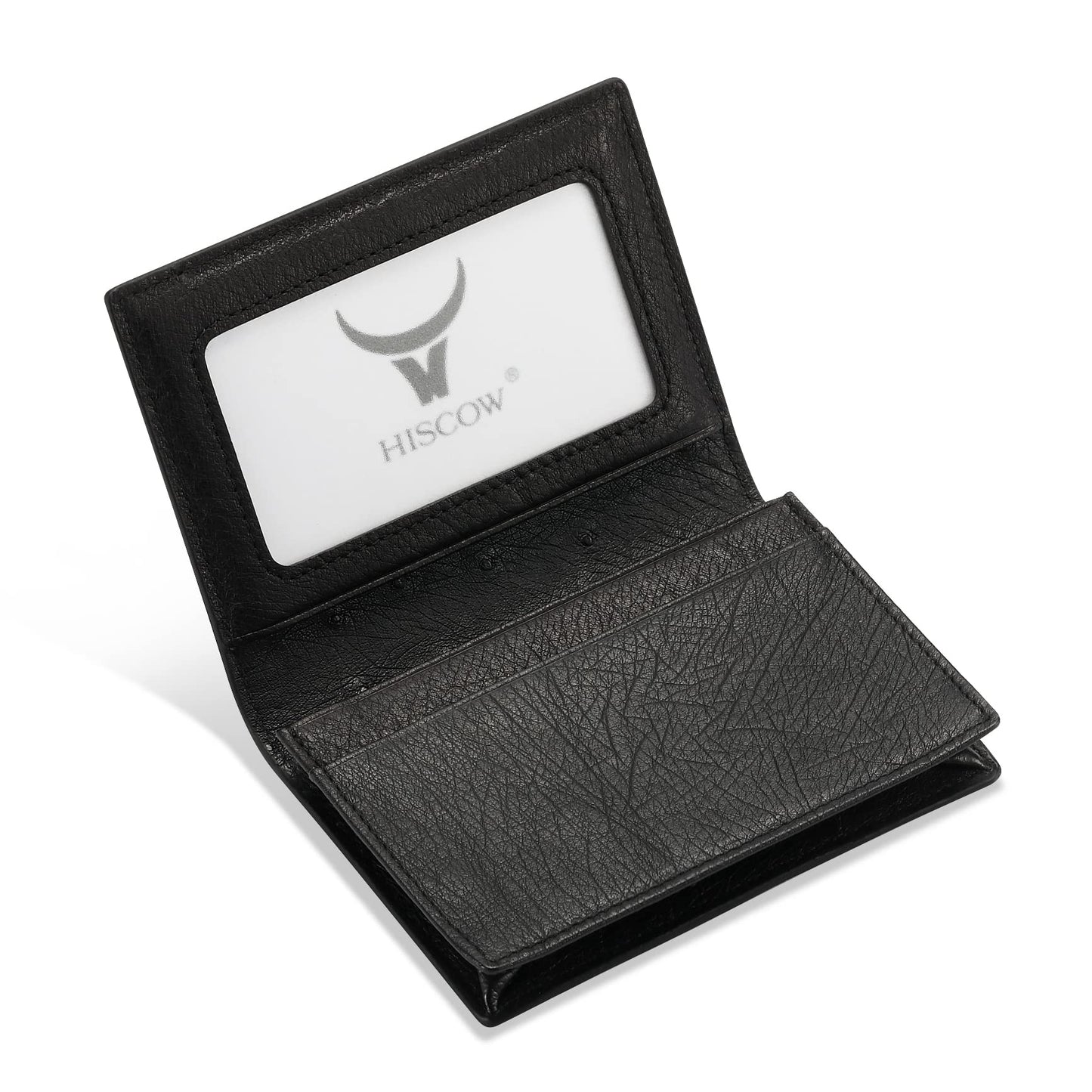 HISCOW Leather Business Card Case Holder for Men & Women, Italian Calfskin (Ostrich Black)