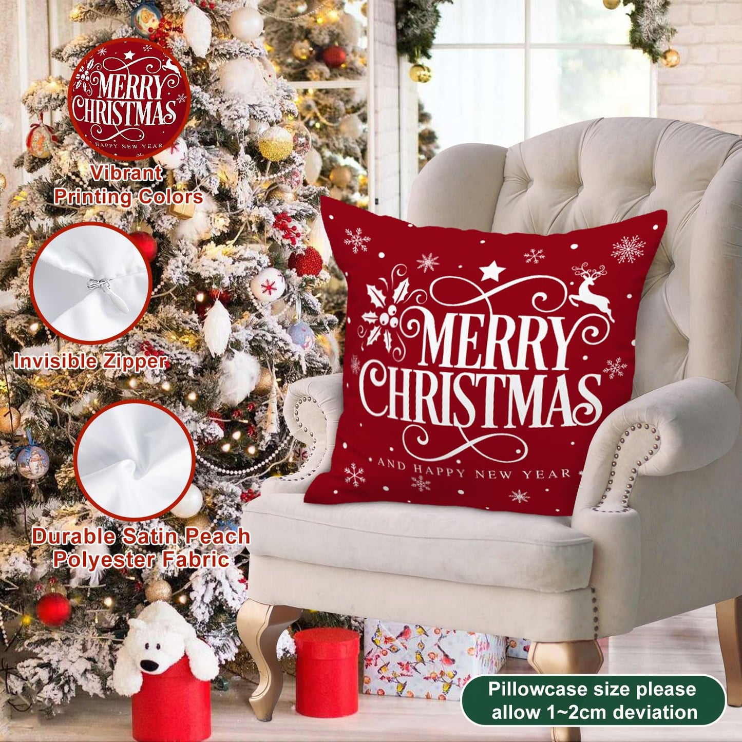 Lanpn White and Red 18x18 Christmas Pillow Covers Set of 4, Decorative 18 Inch Winter Snowflake Throw Pillow Case Xmas Cushion Cover for Indoor House Sofa Red