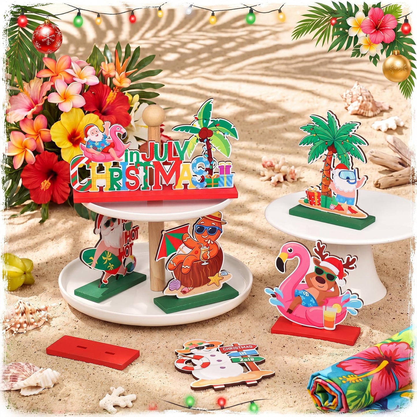 Qunclay 6 Pcs Christmas in July Table Decor - Wooden Snowman Santa Gingerbread Man Elk Table Signs for Summer Christmas in July Party Decorations Supplies