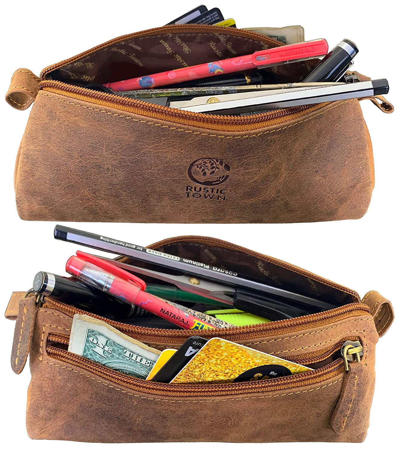 Rustic Town Leather Pencil Case - Vintage Zippered Pencil Pouch & Pen Case for Adults, Artists, Writers - Gift for Men & Women