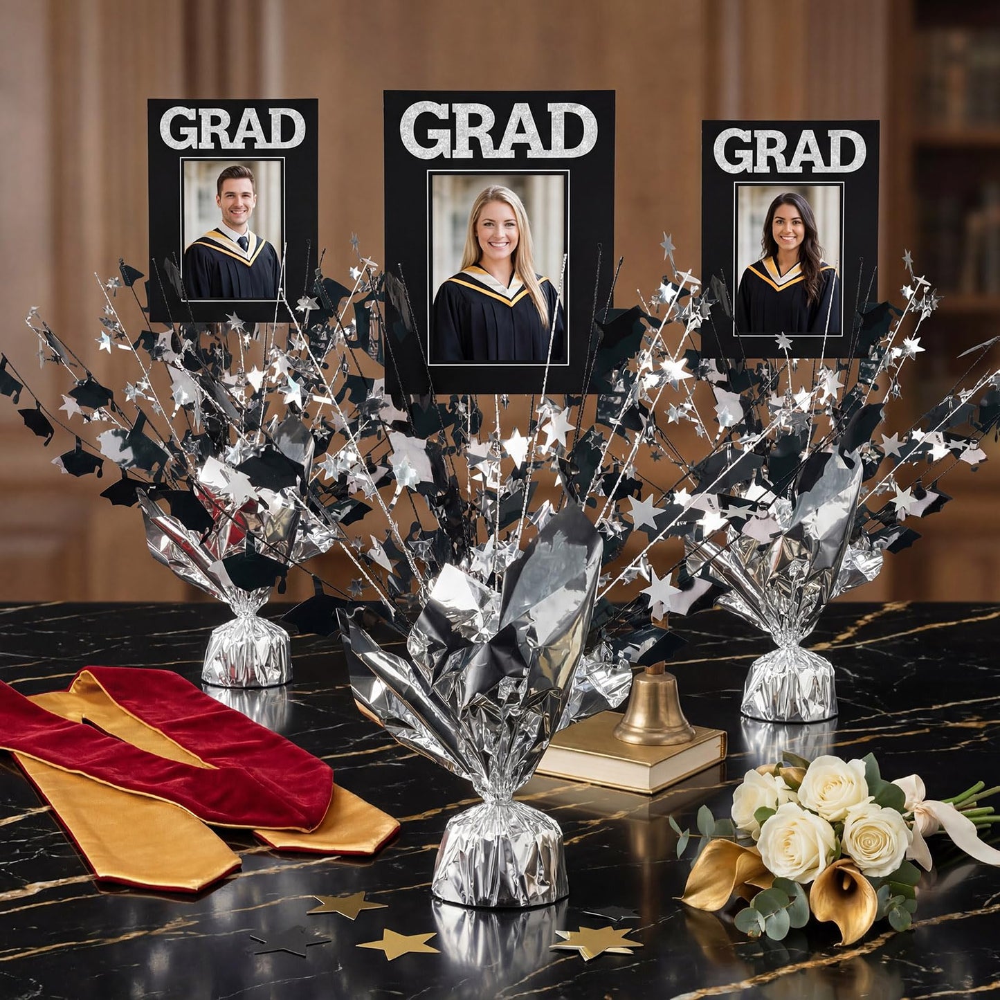 Capoda 6 Pack Graduation Table Centerpiece Party Decoration Metallic Foil Spray Centerpiece Glitter Star Tabletop Decor for 2026 Graduation Party Congrats Grad Decor Supplies (Photo,Black Silver)