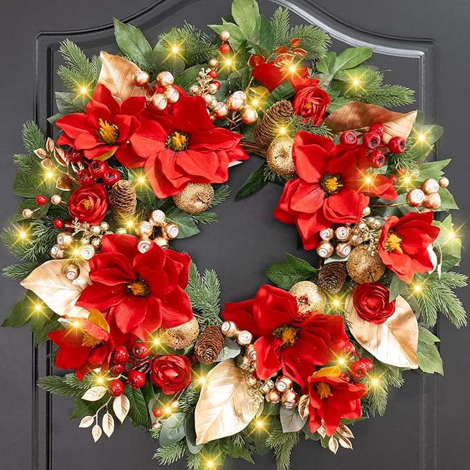 24 Inch Magnolia Christmas Wreath for Front Door, Christmas Wreath with LED Lights, Red Flowers, Red Berries, Pinecones Christmas Decorations，Winter Door Wreath for Wall Window Indoor or Outdoor