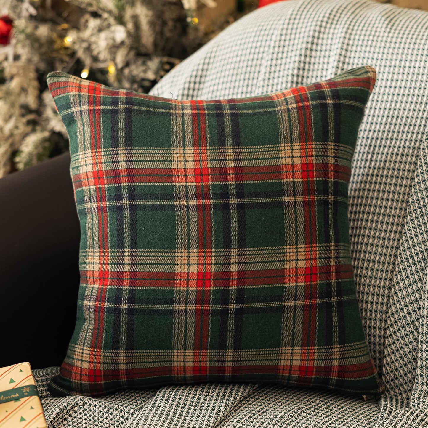 vctops Christmas Green Plaid Throw Pillow Covers 18x18 Inch Farmhouse Scottish Tartan Decorative Square Cushion Cases for Holiday Home Decor Sofa Couch (Green,18"x18")