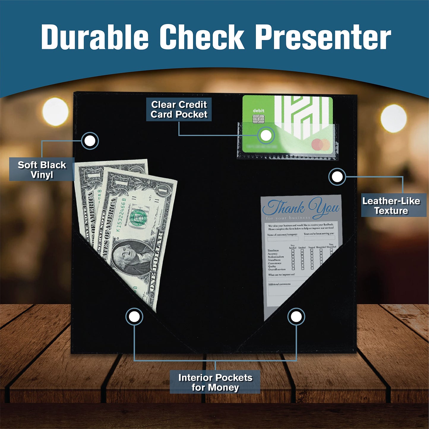 BankSupplies Leatherette Guest Check Presenters for Restaurants Set of 20 Water-Resistant Server Books with Credit Card and Side Pockets 5.5 x 10 Inches