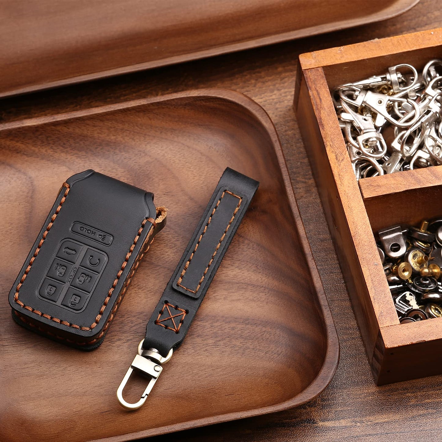 KEAIKE Key Fob Cover Fit for Honda Odyssey 2018-2024, 7 Buttons Leather Handmade Fob Case Cover Accessories with Keychain,360 Degree Protection,Black