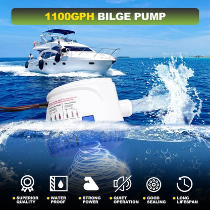 1100 GPH Automatic Boat Bilge Water Pump 12V with 3 Way Switch Panel & 1-1/8 Inch Dia Bilge Pump Plumbing Kit Ideal for Fishing Boats, Cruisers, Runabouts, Yachts