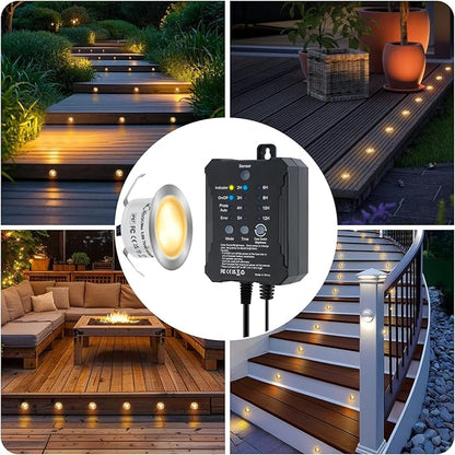 Low Voltage Deck Lights Recessed Kit with Transformer Dimmable Timer and Photocell Sensor Outdoor LED Deck Lighting 3CCT 2700K-5000K IP67 Waterproof for Stair Patio Yard 10 Packs
