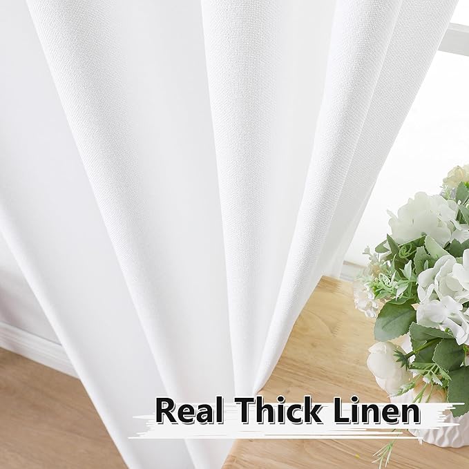 Tollpiz Short Linen Curtain Living Room Rod Pocket Semi Sheer Curtains Burlap Light Filtering Thick Linen Drape for Bedroom, 54 x 45 inches Long, White, Set of 2 Panels