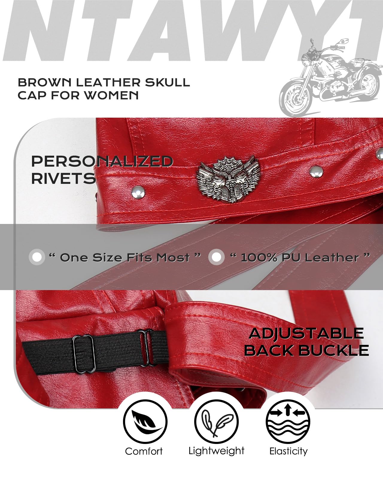 Bright Red Leather Skull Cap Adjustable - Soft Punk Biker Cap for Men Women, Classic Motorcycle Skull Cap Leather Biker Hat