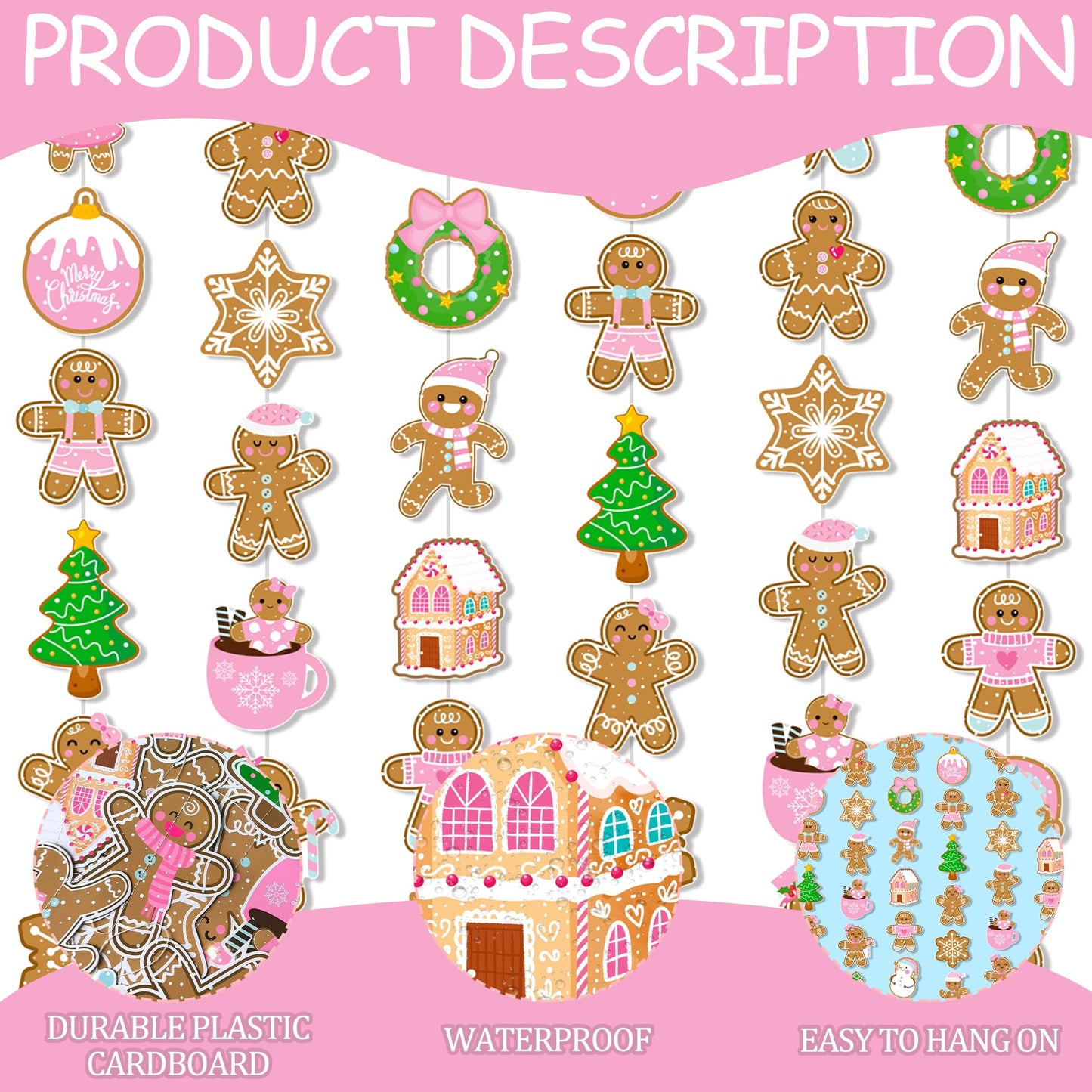 Gingerbread Theme Garlands Pink Christmas Decorations Girls 8Pcs Gingerbread House Xmas Tree Paper Garland Banners Christmas Party Supplies for Winter Holiday Birthday Wall Door Ceiling Decor