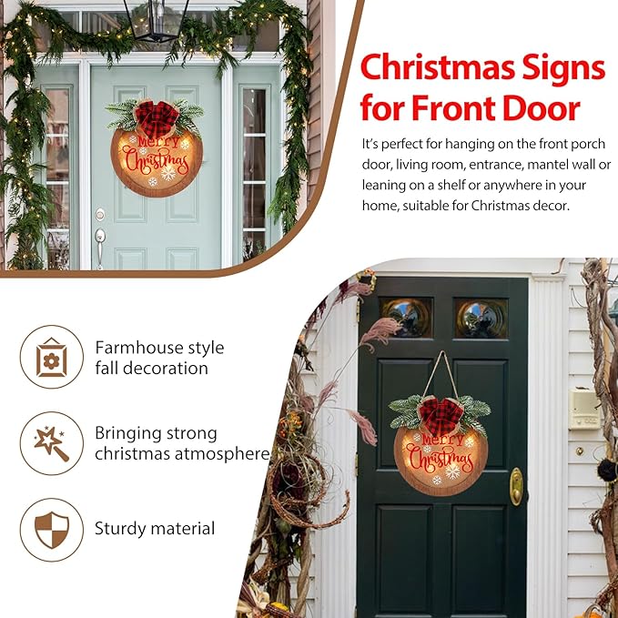 HOMCDALY Christmas Welcome Sign for Front Door, Winter Merry Christmas Wreath, Farmhouse Door Decoration Wooden Hanging Sign, Christmas Decoration (F-Xmas)