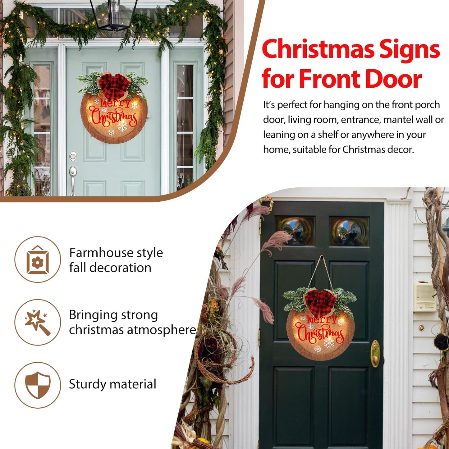 HOMCDALY Christmas Welcome Sign for Front Door, Winter Merry Christmas Wreath, Farmhouse Door Decoration Wooden Hanging Sign, Winter Home Decoration (F-Xmas)
