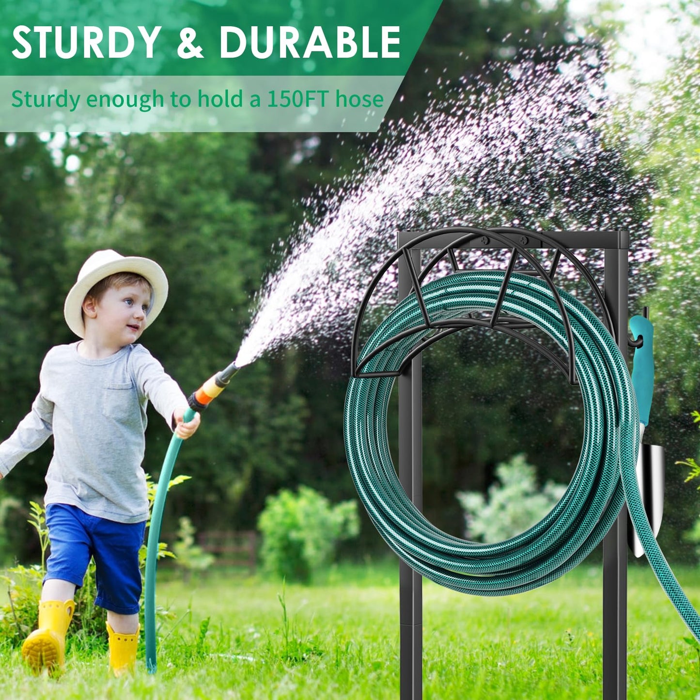 TomCare Garden Hose Holder 4 Spikes Garden Hose Reel Hose Stand Upgraded Water Hose Storage with Tool Hooks Garden Hose Hanger Organizer Holds 160ft Hoses for Outside Yard Lawn, Black