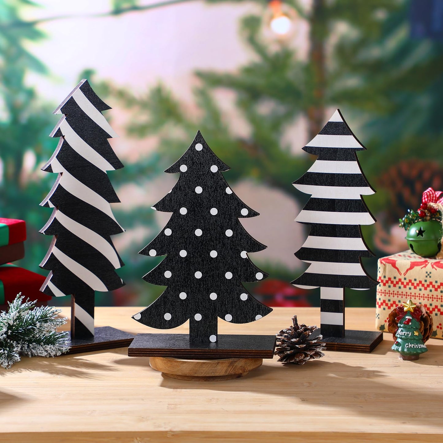 Meooeck 3 Pcs Christmas Table Decorations Wooden Christmas Tree Tabletop Centerpiece Signs Black and White Freestanding Handmade Wood Trees for Home Xmas Tabletop Party Decor