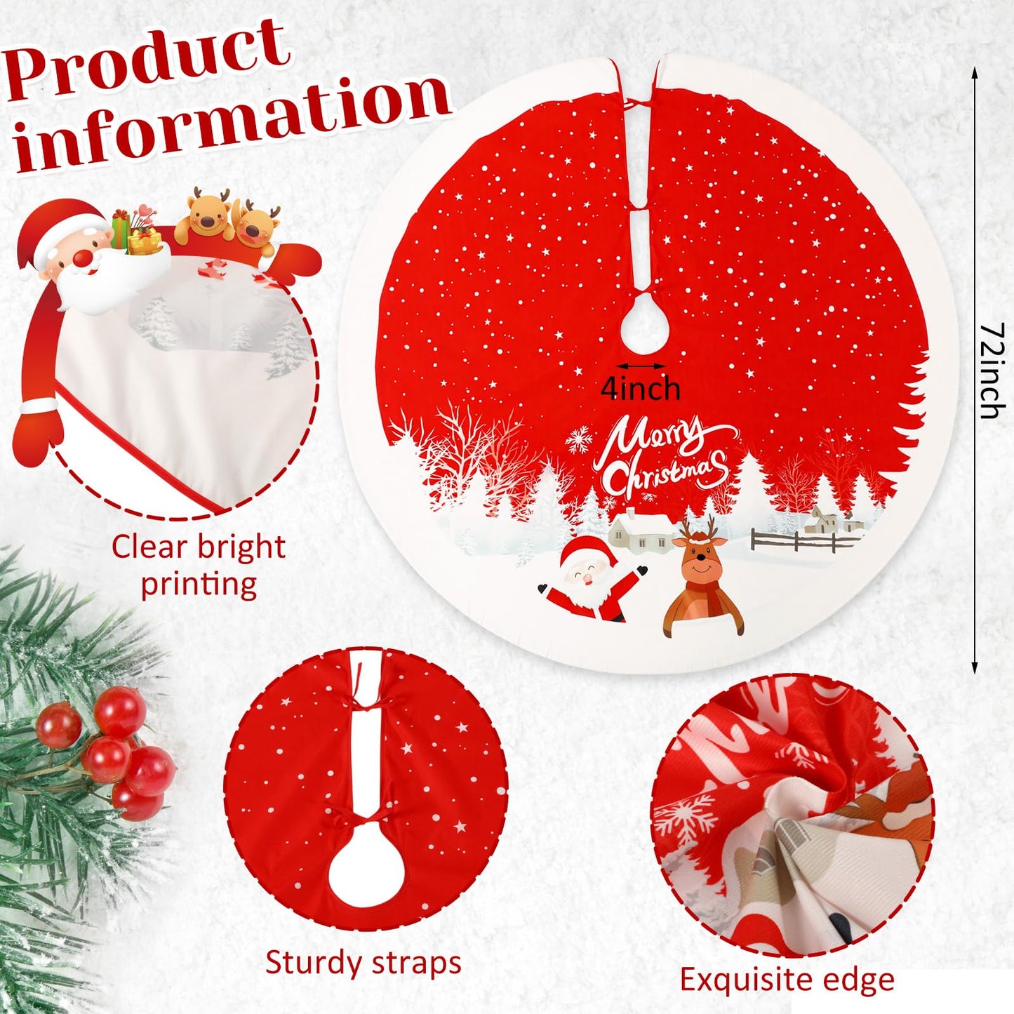 Sosation 72 Inches Large Christmas Tree Skirt Red Xmas Tree Ornaments with Snowy Pattern Soft Plush Reindeer Snowflake Holiday Party Mat for Merry Christmas Party Winter Holiday Home Decorations