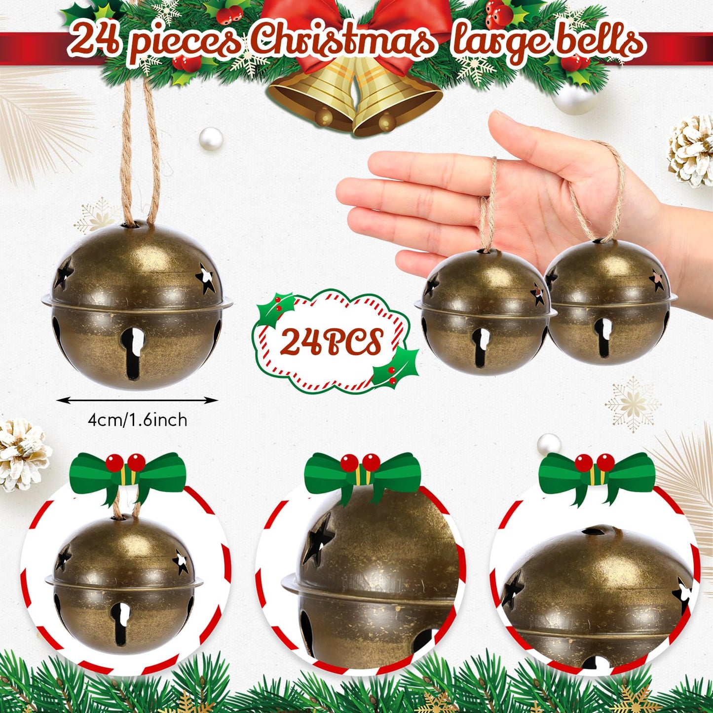 Zubebe Christmas Bells Jingle Bells Large 2.5 Inch Star Cutout Ornament for Crafts Christmas Tree Decor Gift Wrapping(Bronze,24 Pcs)