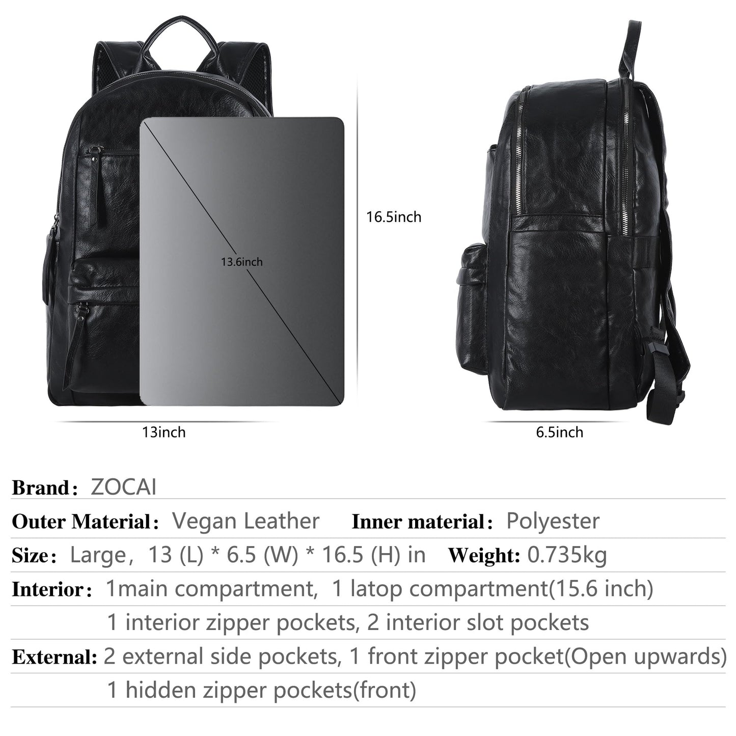 ZOCAI Large Leather Backpack Purse for Women – Vegan Retro Leather Travel Backpack for Women with Compartment, Multiple Pockets Roomy Large Capacity Daypack for Work Traveling.