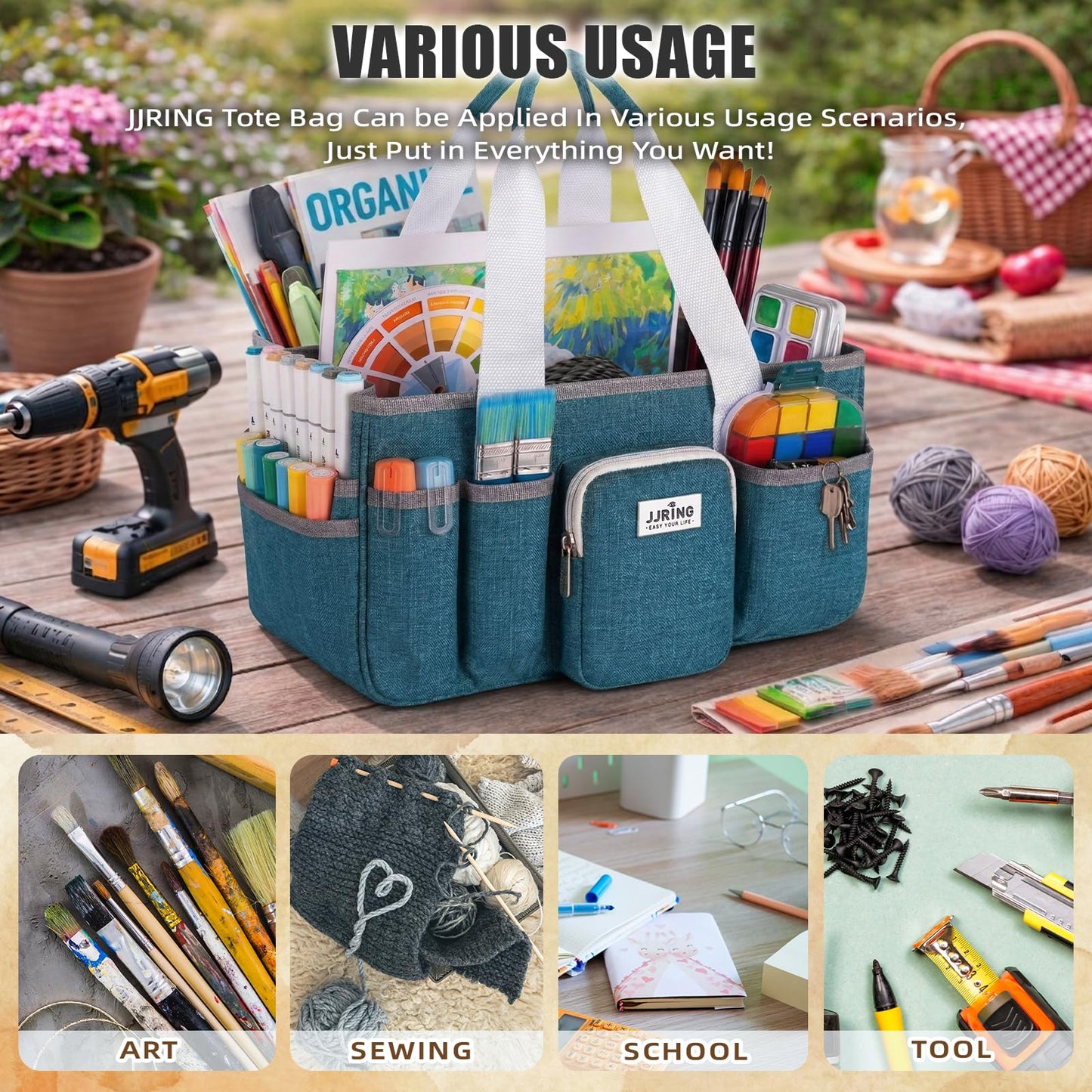 Jjring Craft Organizer Tote Bag, Portable Art Caddy with Adjustable Divider&Secure Zipper Pocket, Large Foldable Storage Tote for Scrapbooking, Sewing, Artist and Home(Green)