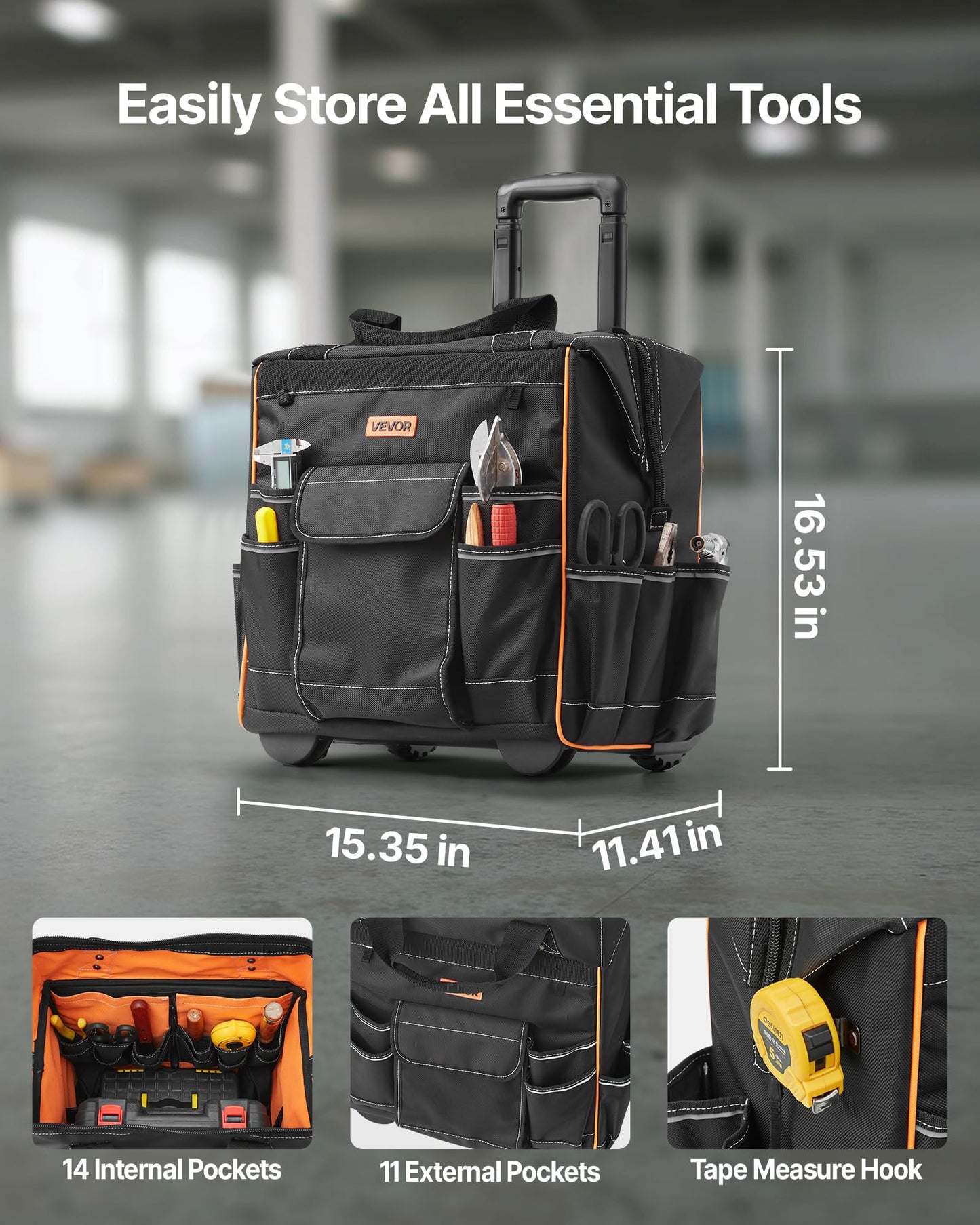 VEVOR 15" Rolling Tool Bag, 110 lbs Load Capacity, 25 Pockets Heavy Duty Roller Tool Bag on Wheels, Adjustable Telescoping Handle & Stable Base, Toolbag Organizers w/Wheels for Construction, Mechanic