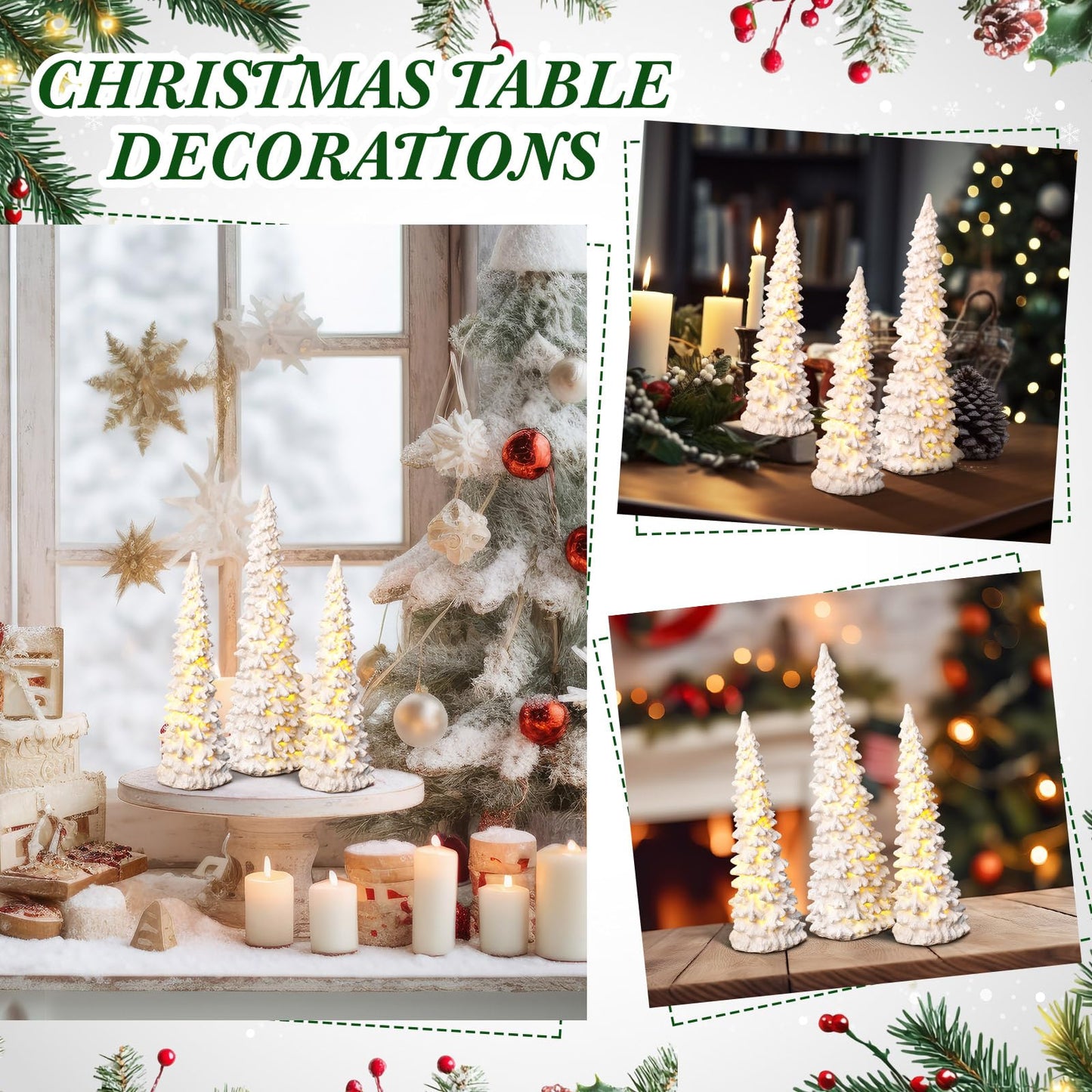 Flutesan 3 Pcs White Christmas Tree Figurines with Lights 11" /9" Tabletop Glittered Resin Village Pine Figurine Light Up Battery Operated Centerpieces Winter Holiday Decor for Table Mantel Home